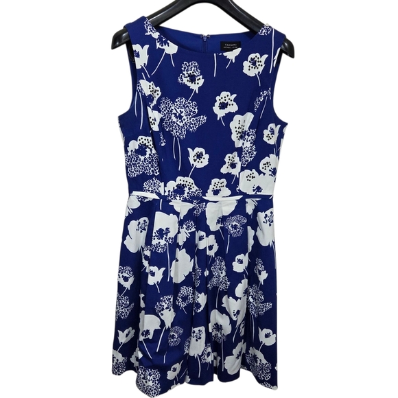Tahari Blue and White Floral Midi Dress With Black Sequins And Pockets Size 8 - Picture 1 of 5